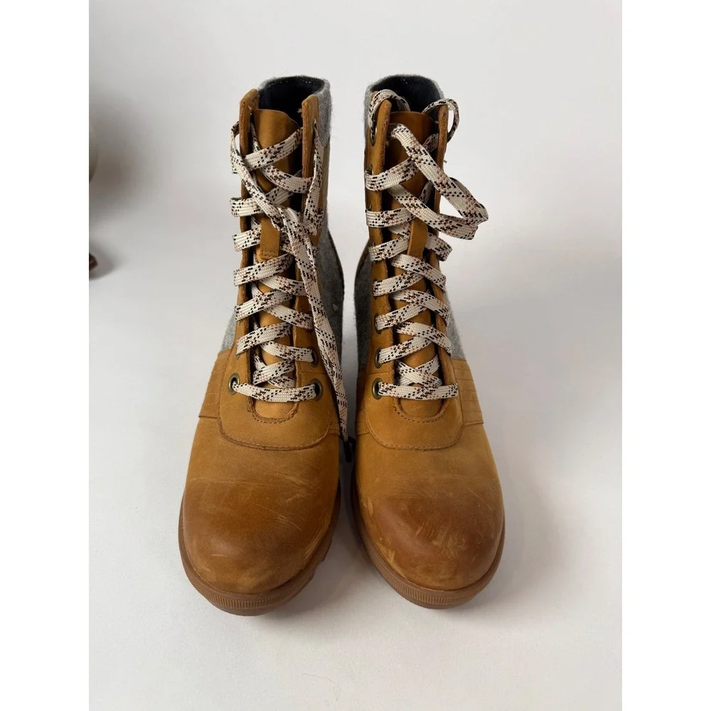 Sorel Lexie Wedge Boots Tan‎ Grey Leather Felt Lace Up NL3376-224 Womens 9